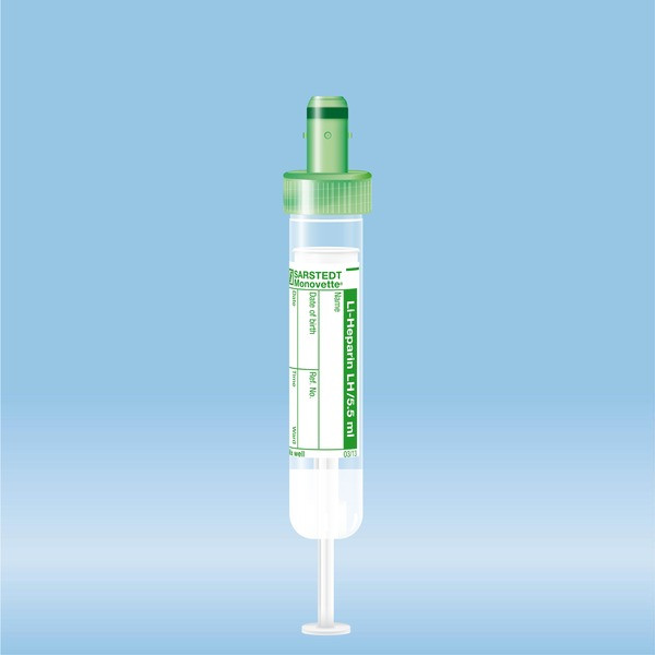 S-Monovette® Lithium heparin, 5.5 ml, cap green, (LxØ): 75 x 15 mm, with paper label
