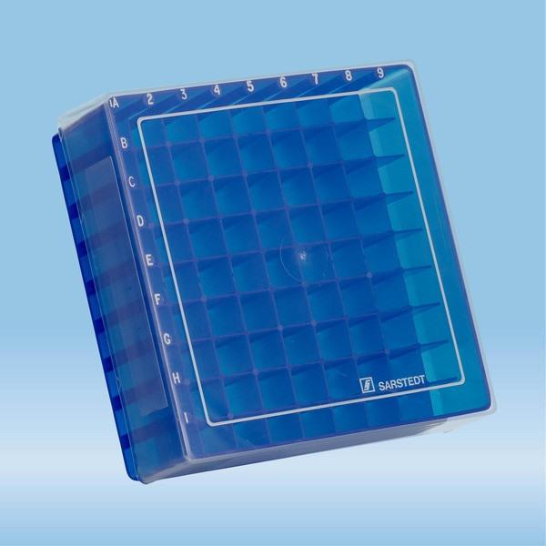 Storage box, slip-on lid, PP, format: 9 x 9, for 81 collection tubes