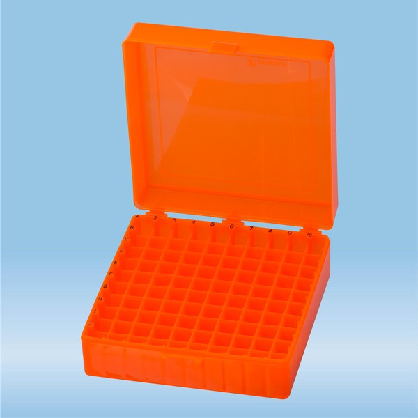 Storage box, hinged lid, PP, format: 10 x 10, for 100 collection tubes