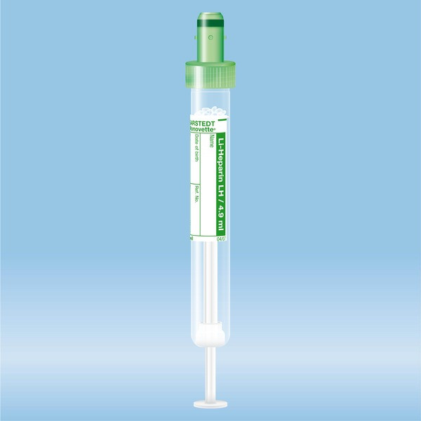 S-Monovette® Lithium heparin LH, 4.9 ml, cap green, (LxØ): 90 x 13 mm, with paper label