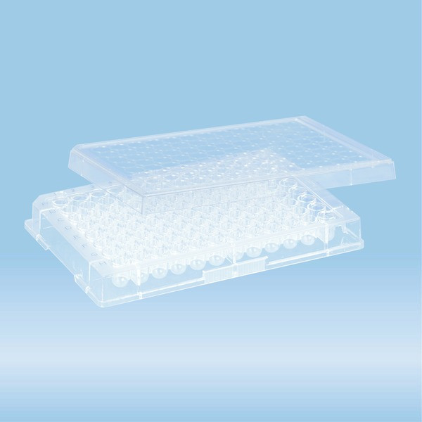 Micro test plate, 96 well, slip-on lid, round base, PS, transparent