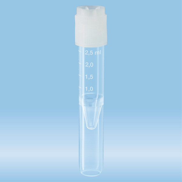 Screw cap tube, 2.5 ml, (LxØ): 75 x 13 mm, conical false bottom, rounded tube bottom, PP, cap assemb