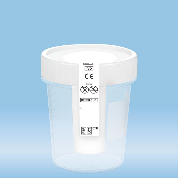 Urine container NFT, 100 ml, (ØxH): 57 x 76 mm, PP, with safety label, with integrated needle-free t