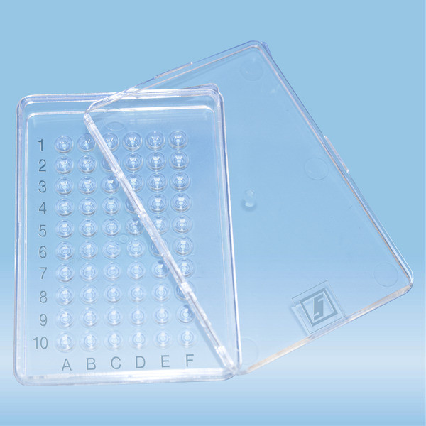 Micro test plate, Terasaki, 60 well, slip-on lid, base shape: conical, PS, transparent