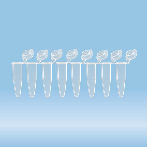 PCR strip of 8, PCR Performance Tested, transparent, PP, flat cap