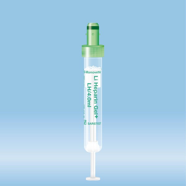 S-Monovette® Lithium heparin gel+, 4 ml, cap green, (LxØ): 75 x 13 mm, with plastic label