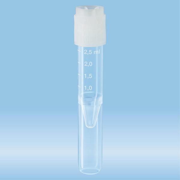 Screw cap tube, 2.5 ml, (LxØ): 75 x 13 mm, conical false bottom, rounded tube bottom, PP, cap assemb
