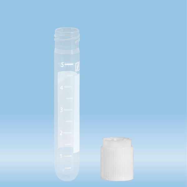 Screw cap tube, 5 ml, (LxØ): 75 x 13 mm, round base, PP, cap enclosed, 100 piece(s)/bag