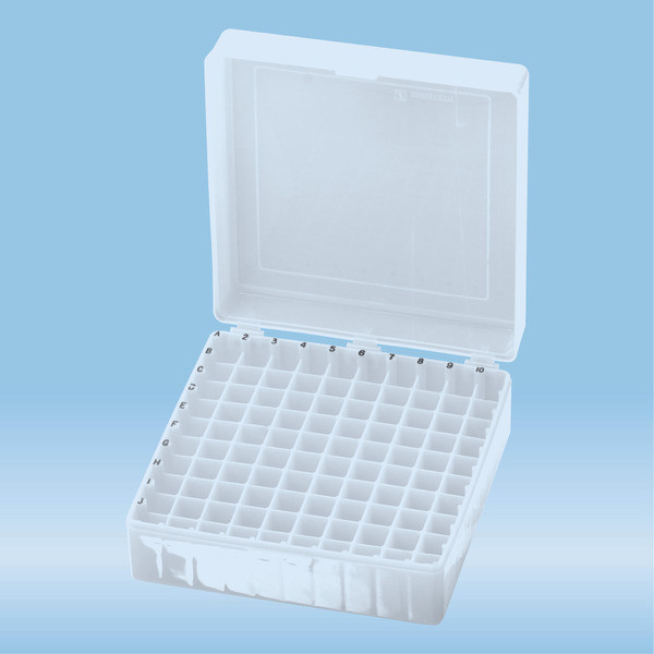 Storage box, hinged lid, PP, format: 10 x 10, for 100 collection tubes