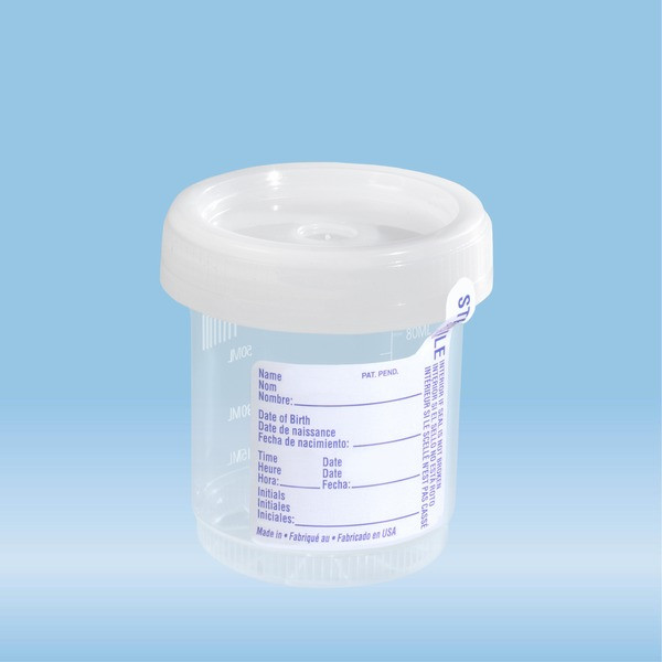 Urine container, 90 ml, (ØxH): 60 x 65 mm, PP, with paper label, transparent