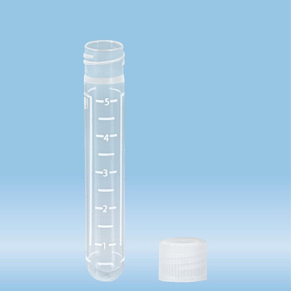 Screw cap tube, 5 ml, (LxØ): 75 x 13 mm, round base, PP, cap enclosed, 1,000 piece(s)/bag