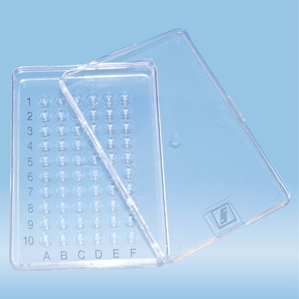 Micro test plate, Terasaki, 60 well, slip-on lid, base shape: conical, PS, transparent