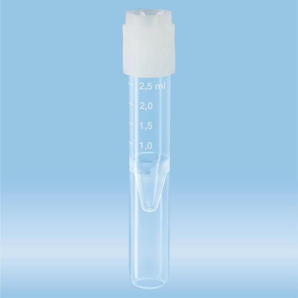 Screw cap tube, 2.5 ml, (LxØ): 75 x 13 mm, conical false bottom, rounded tube bottom, PP, cap assemb