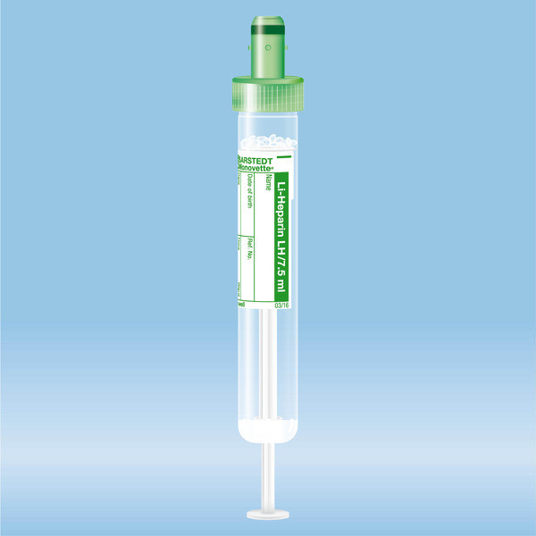 S-Monovette® Lithium heparin LH, 7.5 ml, cap green, (LxØ): 92 x 15 mm, with paper label