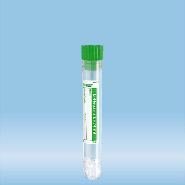 Sample tube, Lithium heparin LH, 4 ml, cap green, (LxØ): 75 x 12 mm, with paper label