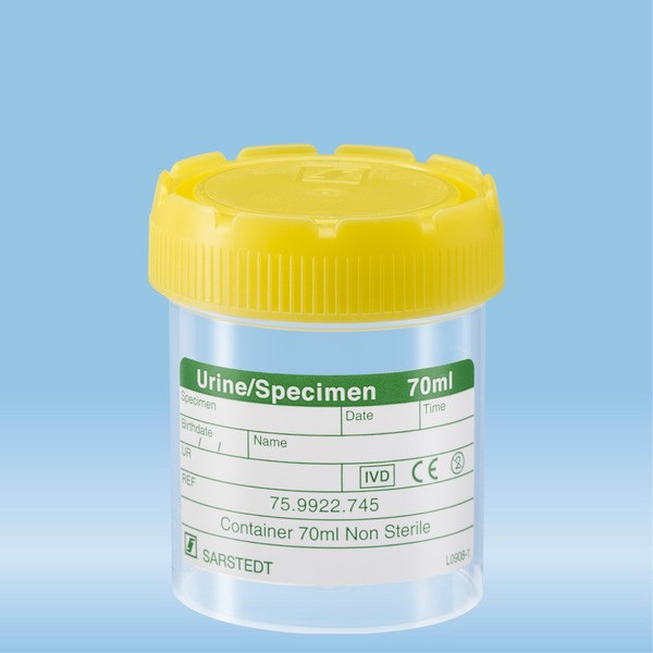 Urine container, max. volume: 70 ml, (LxØ): 55 x 44 mm, graduated, PP, transparent, with paper label