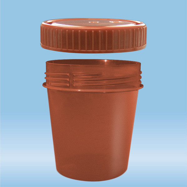 Container with screw cap, 100 ml, (ØxH): 57 x 76 mm, with light protection, PP, brown