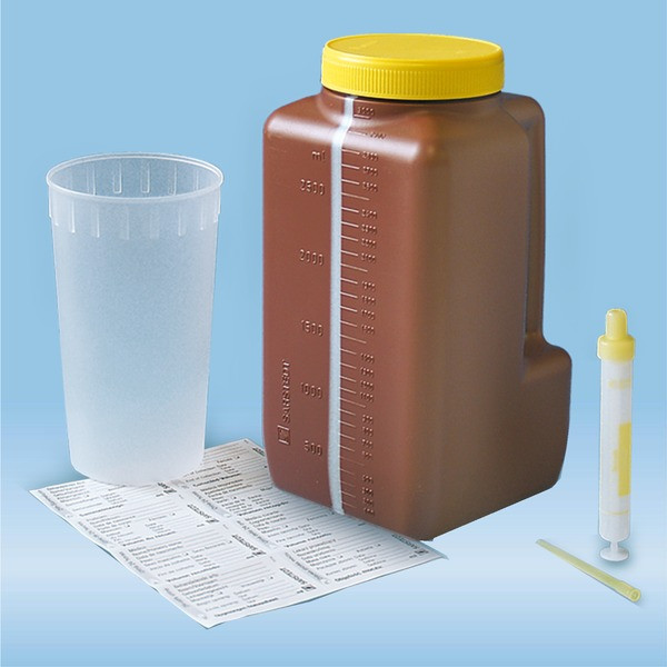 UriSet 24, without preparation, 3 l, with Urine-Monovette® 10 ml, brown, with light protection, grad
