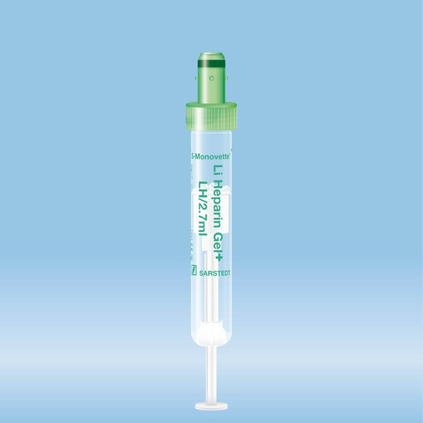 S-Monovette® Lithium heparin gel+, 2.7 ml, cap green, (LxØ): 75 x 13 mm, with plastic label