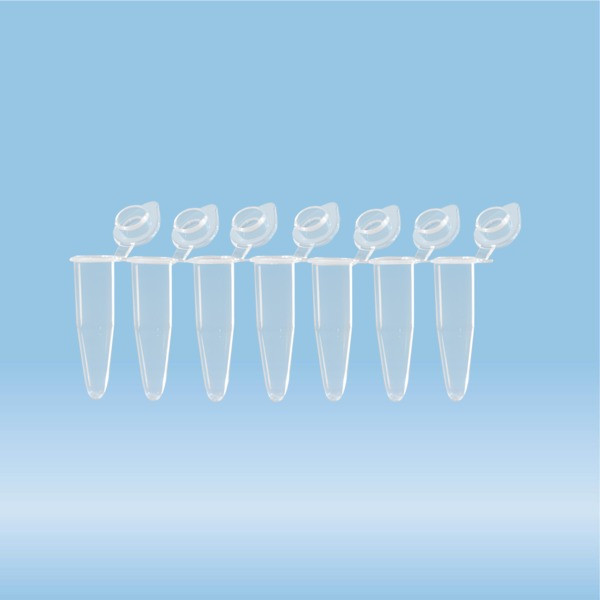 PCR strip of 8, PCR Performance Tested, transparent, PP, flat cap