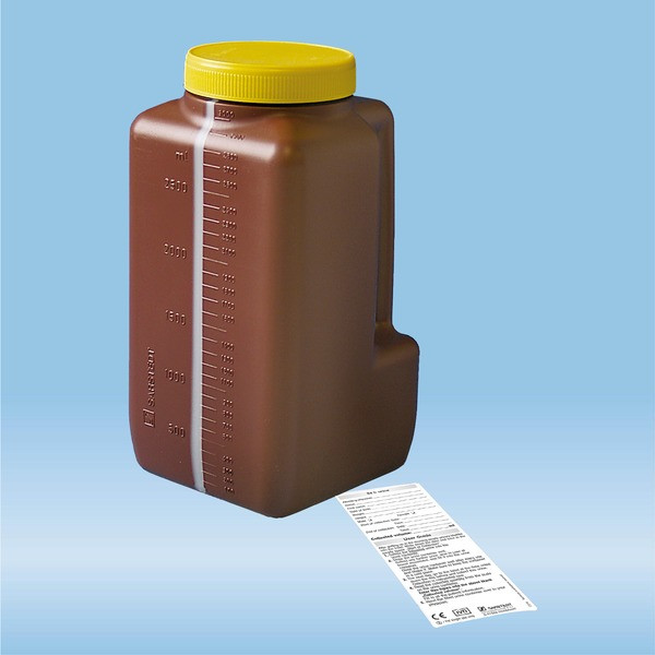 Urine container, 3 l, with inspection strip and enclosed label with instructions for use, brown, wit