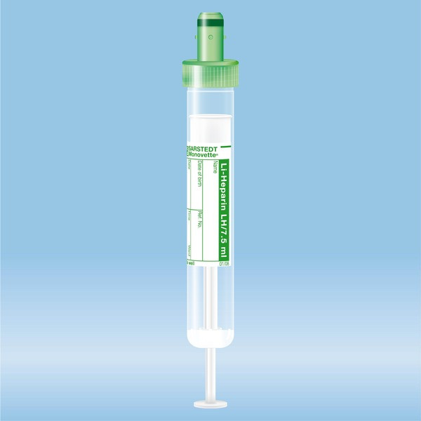 S-Monovette® Lithium heparin LH, fluid, 7.5 ml, cap green, (LxØ): 92 x 15 mm, with paper label