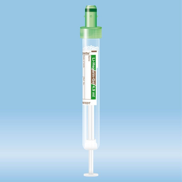 S-Monovette® Lithium heparin gel LH, 4.9 ml, cap green, (LxØ): 90 x 13 mm, with paper label