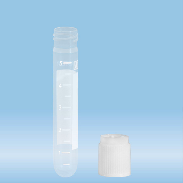 Screw cap tube, 5 ml, (LxØ): 75 x 13 mm, round base, PP, cap enclosed, 100 piece(s)/bag