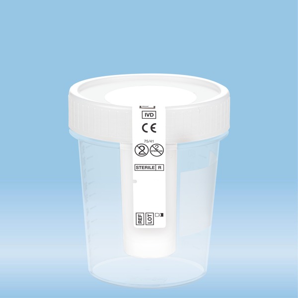 Urine container NFT, 100 ml, (ØxH) 57 x 76 mm, PP, with safety label