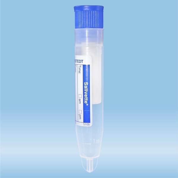 Salivette®, with synthetic swab, cap blue, with paper label Saliva