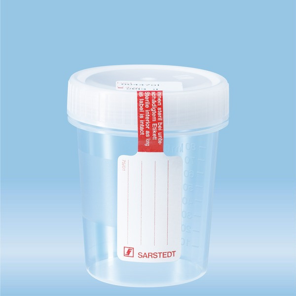 Container with screw cap, 100 ml, (ØxH): 57 x 76 mm, PP, with safety label, transparent