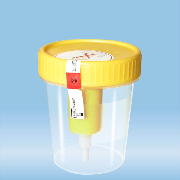 Container with screw cap, 100 ml, (ØxH): 57 x 76 mm, PP, with safety label and transfer device, tran