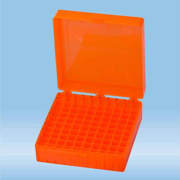 Storage box, hinged lid, PP, format: 10 x 10, for 100 collection tubes